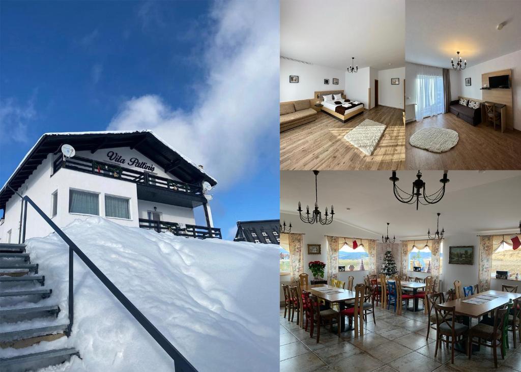 two photos of a house with snow on the stairs at Vila Paltinis in Păltiniş