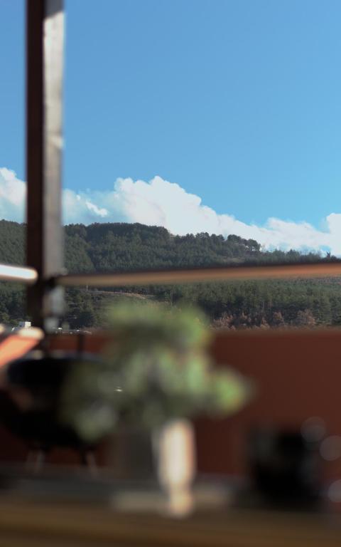a blurry view of a field from a window at Medius Park Apartment in Sandanski