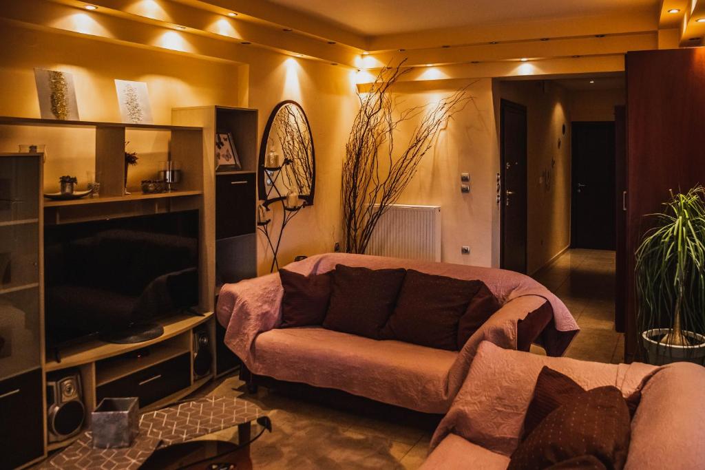 ein Wohnzimmer mit einem Sofa und einem TV in der Unterkunft Bojana' s luxury house in Larisa