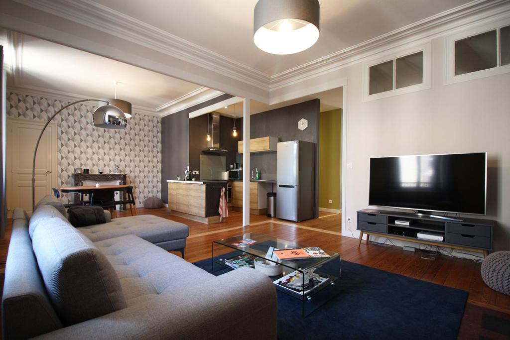 a living room with a couch and a flat screen tv at Appartements Plantagenet - Le 27 in Le Mans