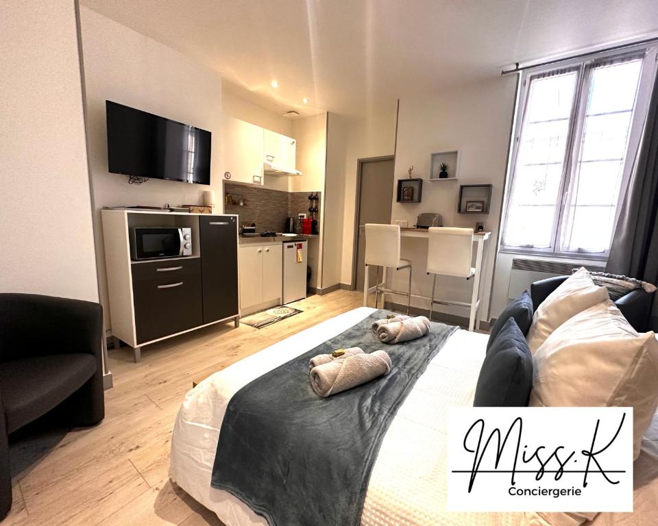 a living room with a large bed and a kitchen at "Les Angelots" in Mâcon