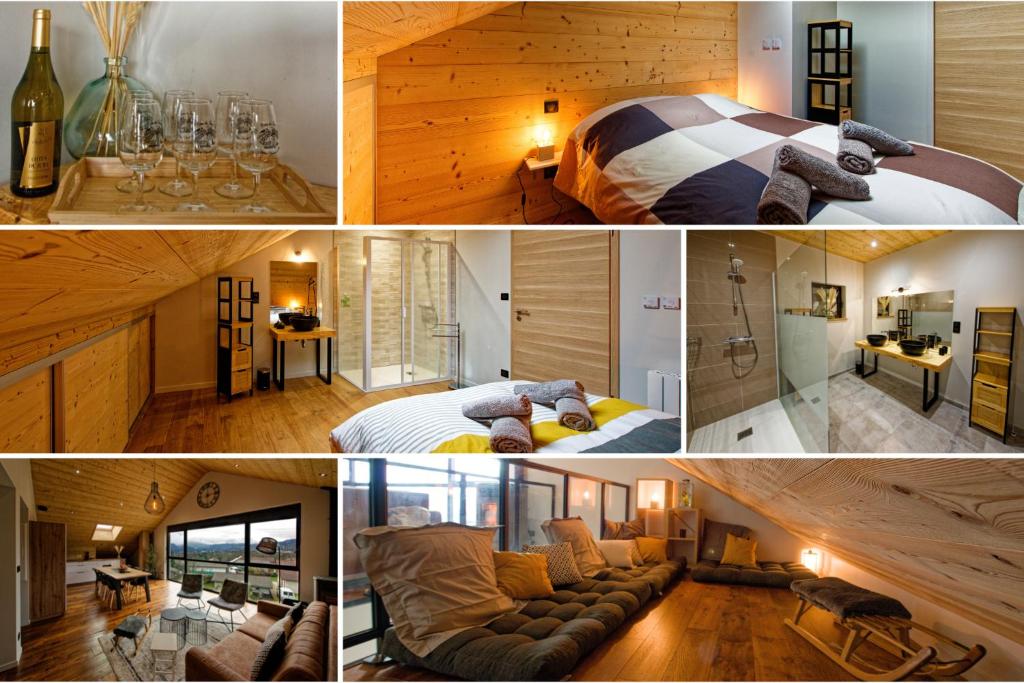 un collage de fotos de un dormitorio y un baño en Les balcons de Cuttura 2 chez Ô JurassiK, en Cuttura