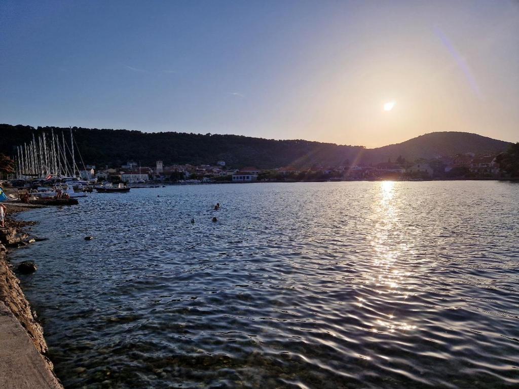 un lac avec des gens nageant dans l'eau au coucher du soleil dans l'établissement Apartment Opaćac Veli Iž, à Veli Iž