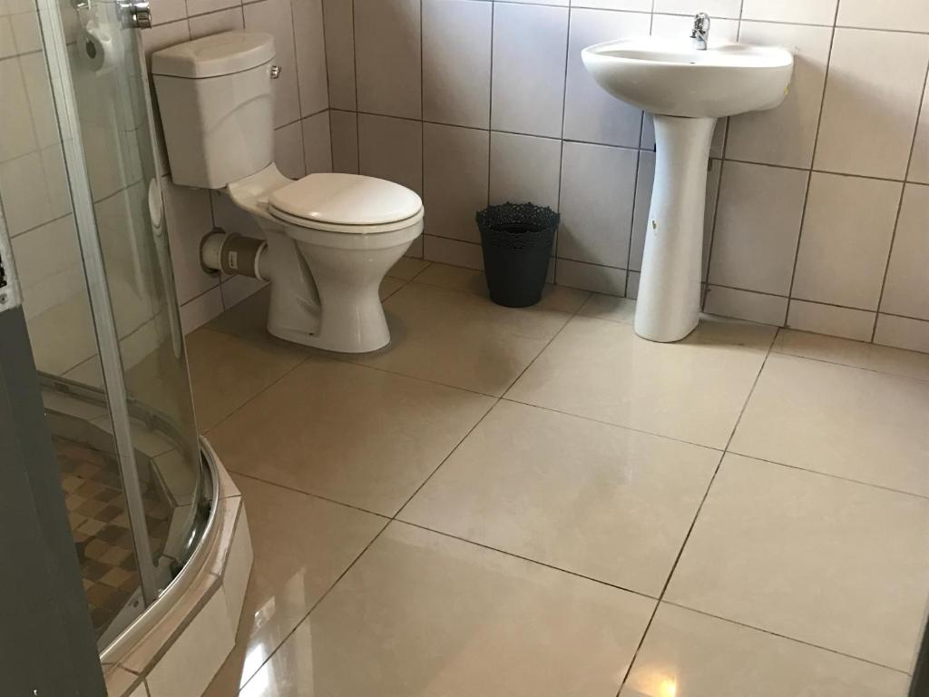 ein Bad mit einem WC und einem Waschbecken in der Unterkunft Fumas guesthouse in Duvhapark