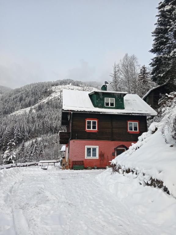 una casa está cubierta de nieve en una carretera cubierta de nieve en Chalet Rosemarie, en Bad Gastein