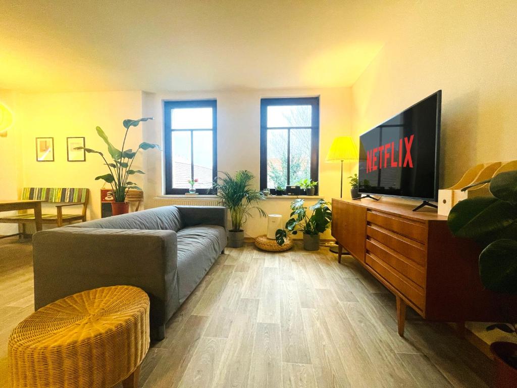 ein Wohnzimmer mit einem Sofa und einem TV in der Unterkunft (PLANT ROOM 5) Mit Familie oder auch mit Freunde in Halle an der Saale