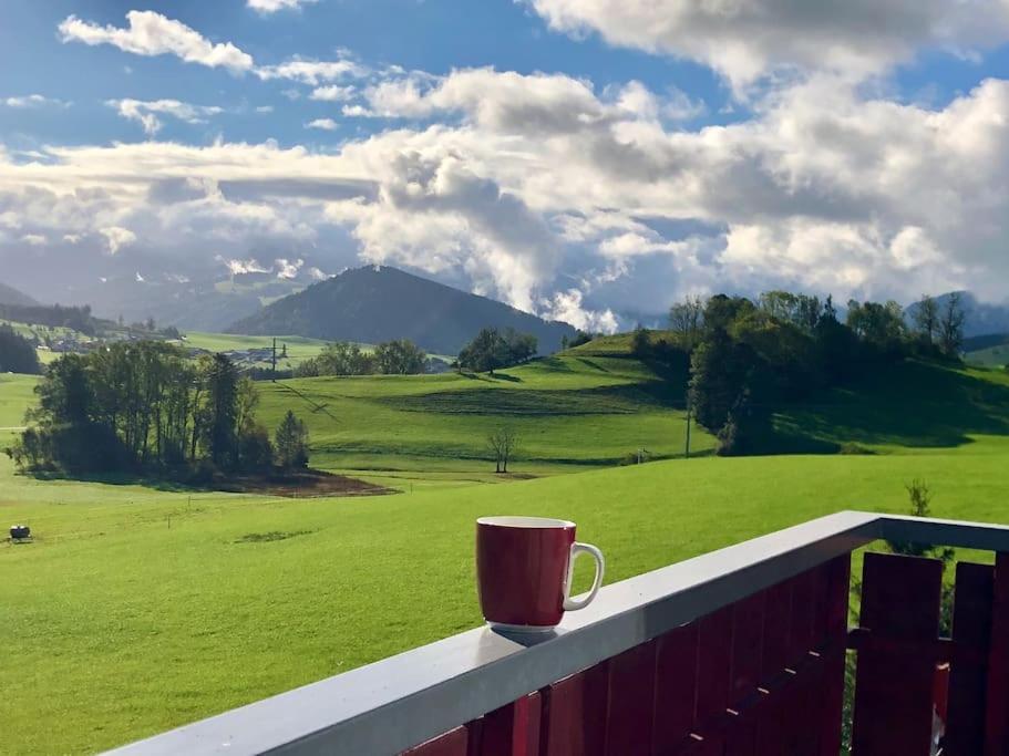 eine Kaffeetasse auf einem Geländer mit einem grünen Feld in der Unterkunft Panoramablick in Stiefenhofen