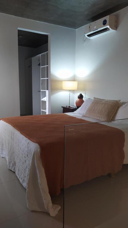 a bedroom with a large bed with a brown blanket at Duplex premium, excelente ubicacion II in Yerba Buena