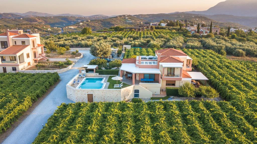 an aerial view of a villa in a vineyard at Cretan Vineyard Hill Villa 2 in Áno Kalésia