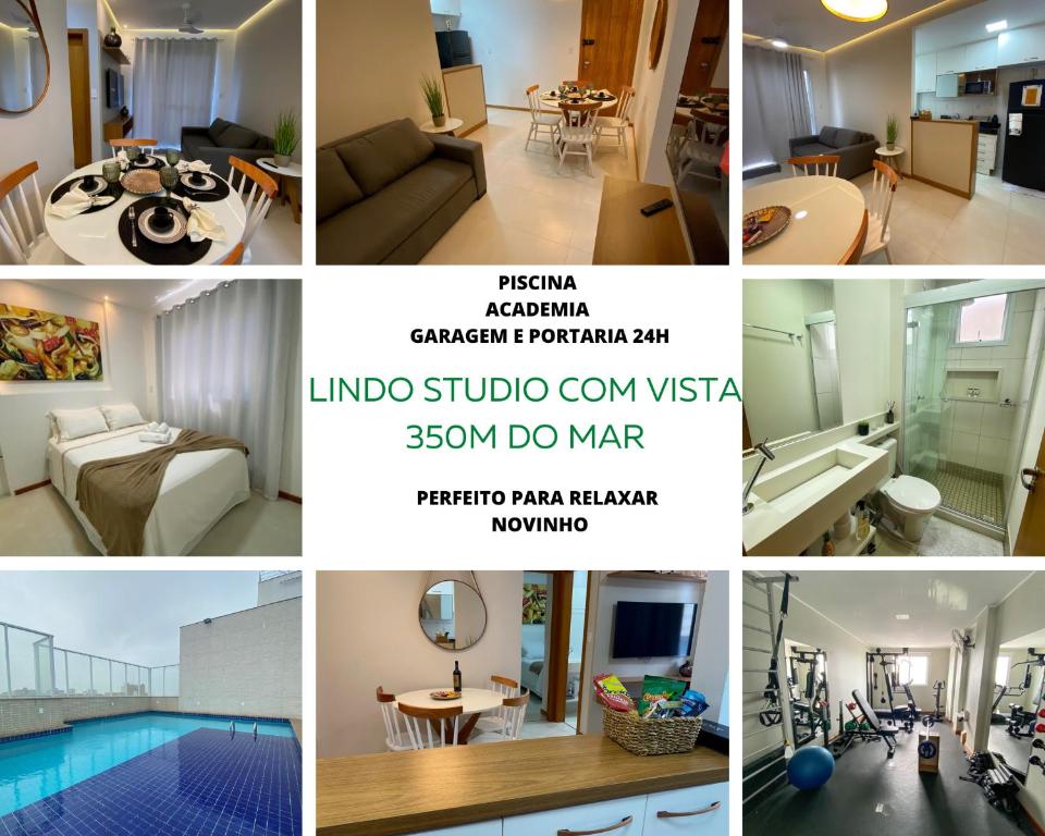 kolaż zdjęć salonu i willi w obiekcie Lindo Studio em Vila Velha com vista para o mar w mieście Vila Velha