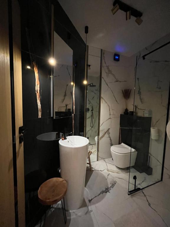 een badkamer met een douche, een bad en een toilet bij Gold Pearl Zegrze in Serock