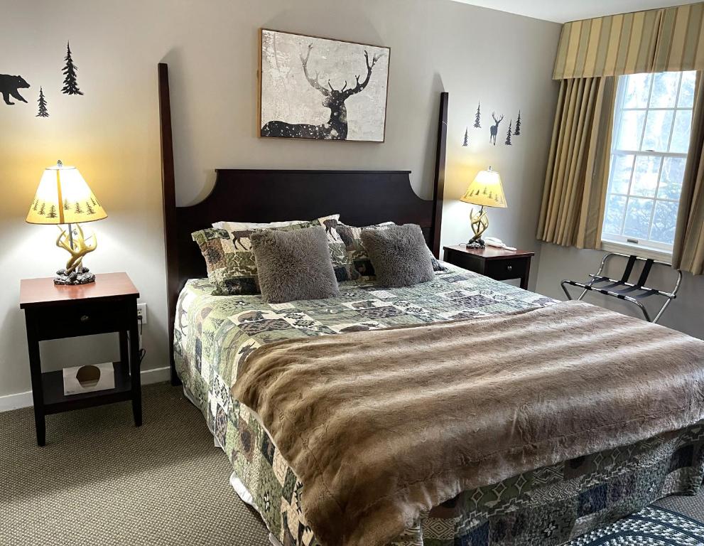 1 dormitorio con 1 cama grande y 2 lámparas en Ski On Off 1BR Suite 1st Flr Sleeps 4 Jiminy Peak, en Hancock