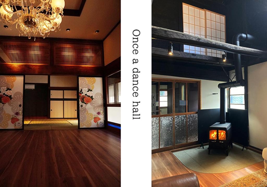 a view of a room with wood floors and a chandelier at [貸切り] 220㎡ 月のワルツ 108年前の高級古民家 in Komoro
