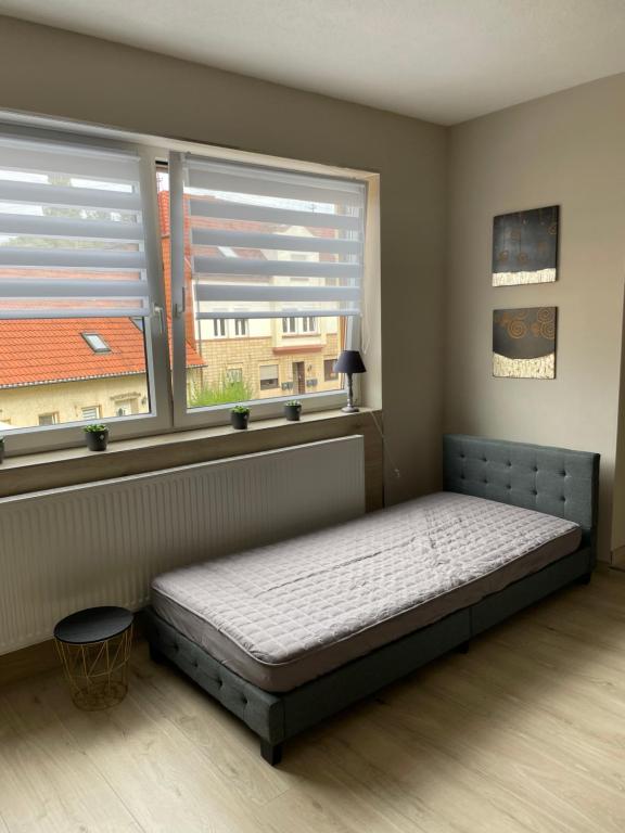 a bedroom with a bed in front of two windows at Schöne Wohnung Nr.: 5 in Eppelborn