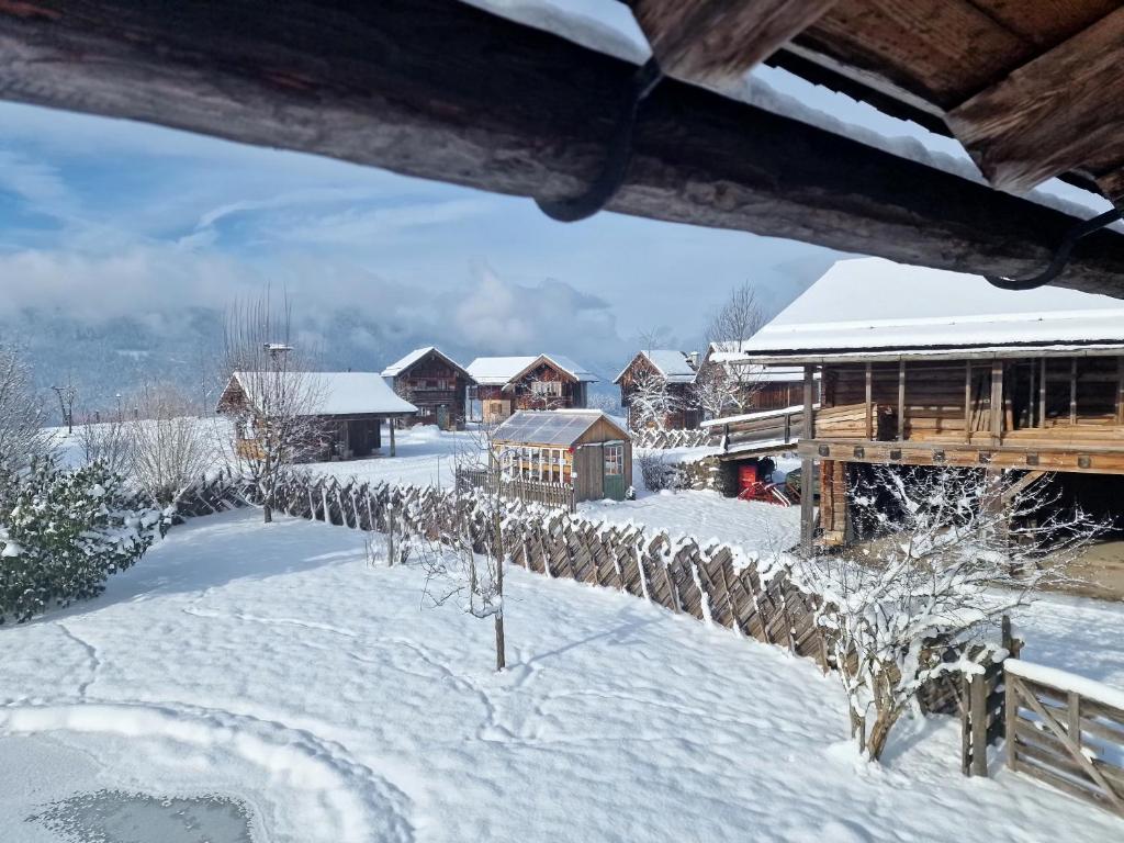 a snow covered yard with a house and trees at Sonnleit'n Zimmer 7 in Abtenau