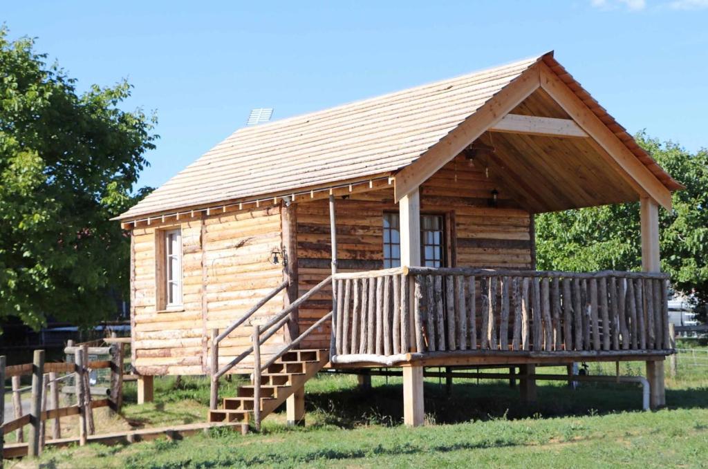 uma cabana de madeira com uma escada e um telhado em LA CABANE DE JABI em Trémont