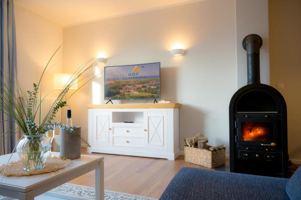 a living room with a fireplace and a wood stove at Vento in Westermarkelsdorf