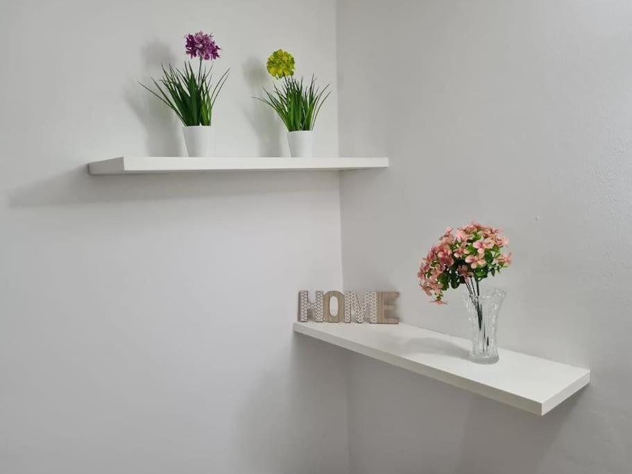 dos estanterías blancas con flores en la pared en Capogallo47 en Mondello