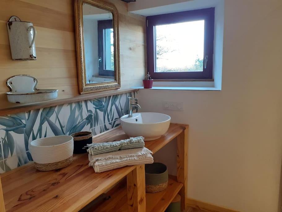 a bathroom with a sink and a mirror at Au coeur de la nature avec toilettes sèches in Saint-Martin-du-Fouilloux