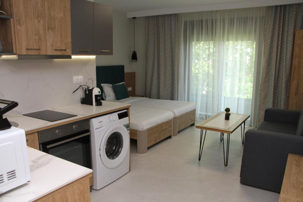 Kuchyň nebo kuchyňský kout v ubytování Oliva Suites