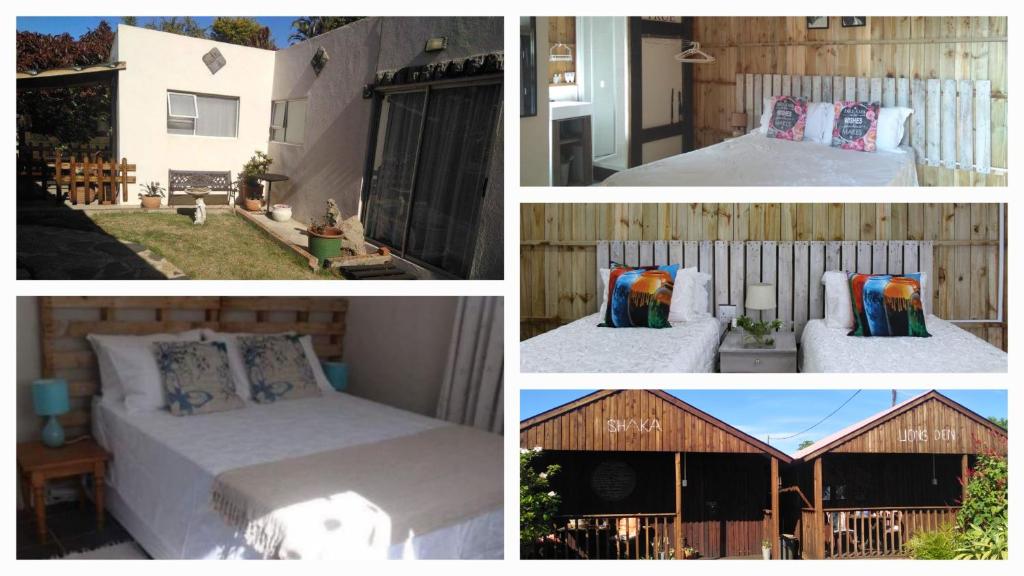 een collage van vier foto's met een bed en een huis bij African Sky's the Limit - Budget, Quiet, Peaceful Self-Catering in Durban