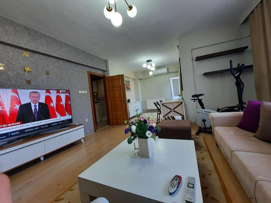a living room with a couch and a flat screen tv at Tarabya Family Suit Acibadem Hospital in Istanbul