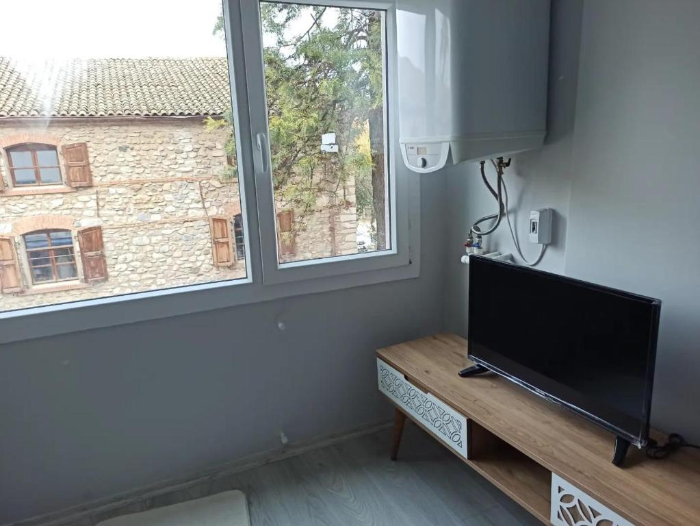 a living room with a television and a window at Selçuk Giritli Apart Evler in Selcuk