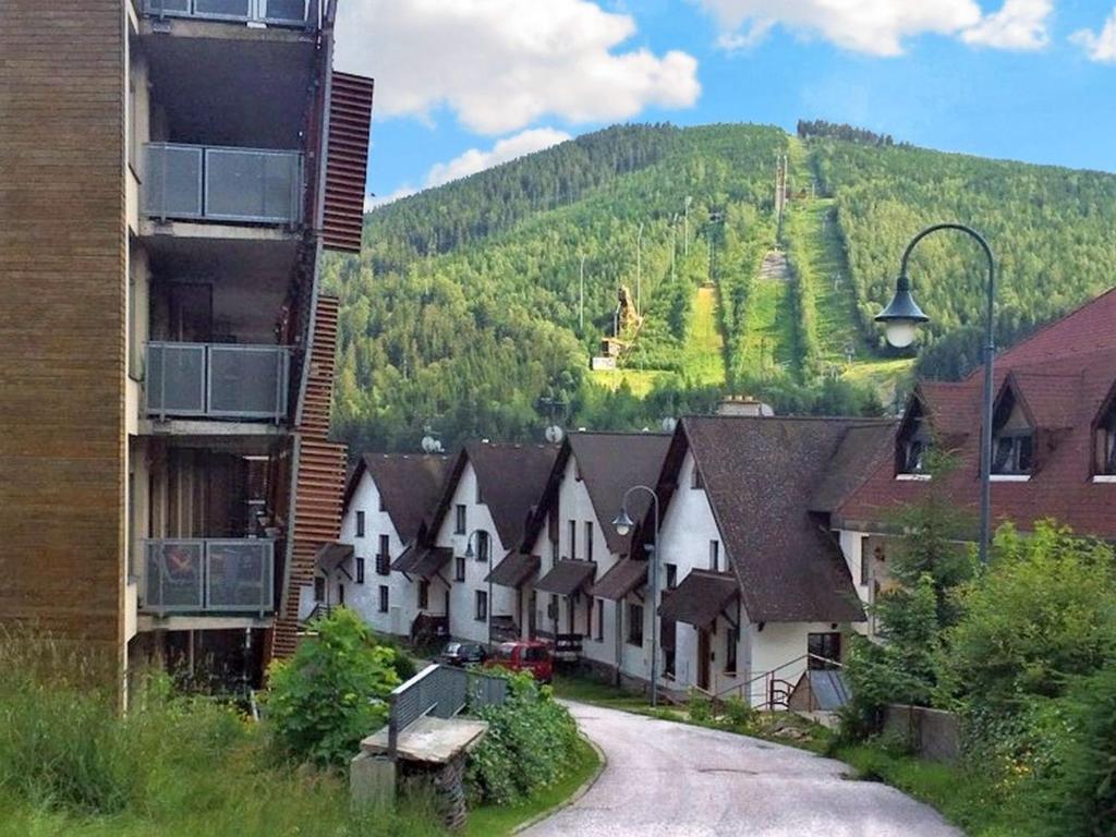 a row of houses with a mountain in the background at Studio Čertovka U jelena by Interhome in Harrachov