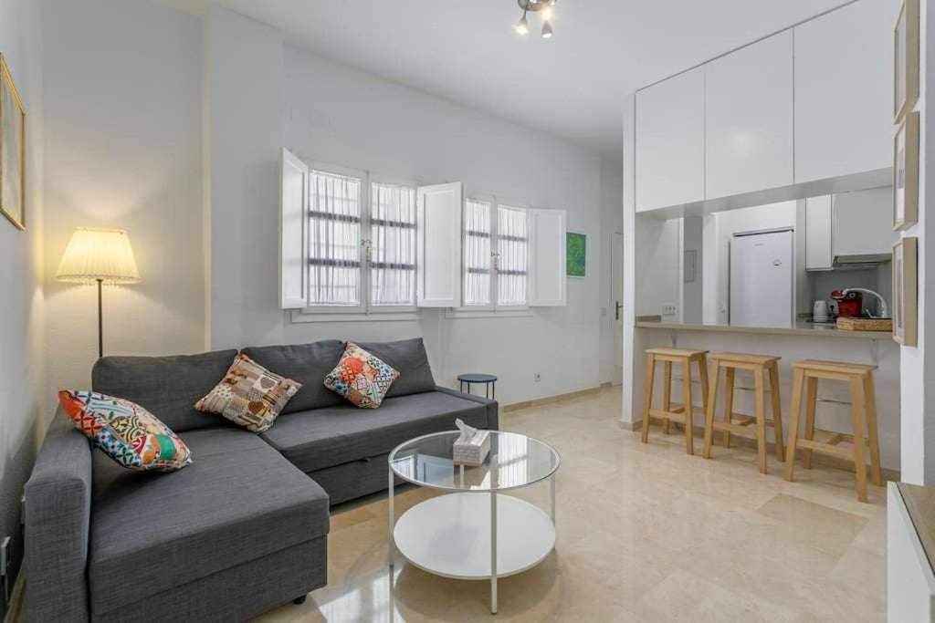 ein Wohnzimmer mit einem Sofa und einem Tisch in der Unterkunft Santa Cruz Parking incluido in Sevilla
