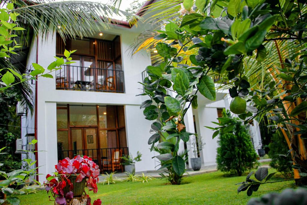une maison avec une cour verdoyante ornée de fleurs et d'arbres dans l'établissement Manike Lodge Habarana, à Habarana