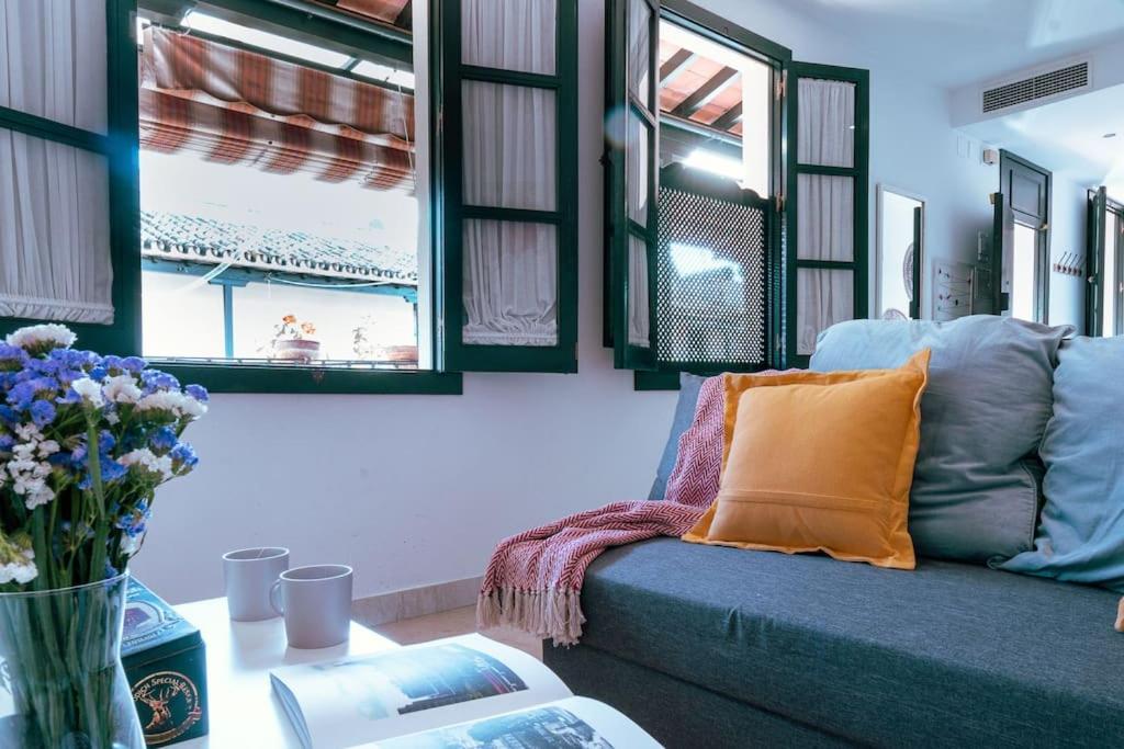 Sofá azul en la sala de estar con ventanas en Apartamento con encanto en patio sevillano (202), en Sevilla