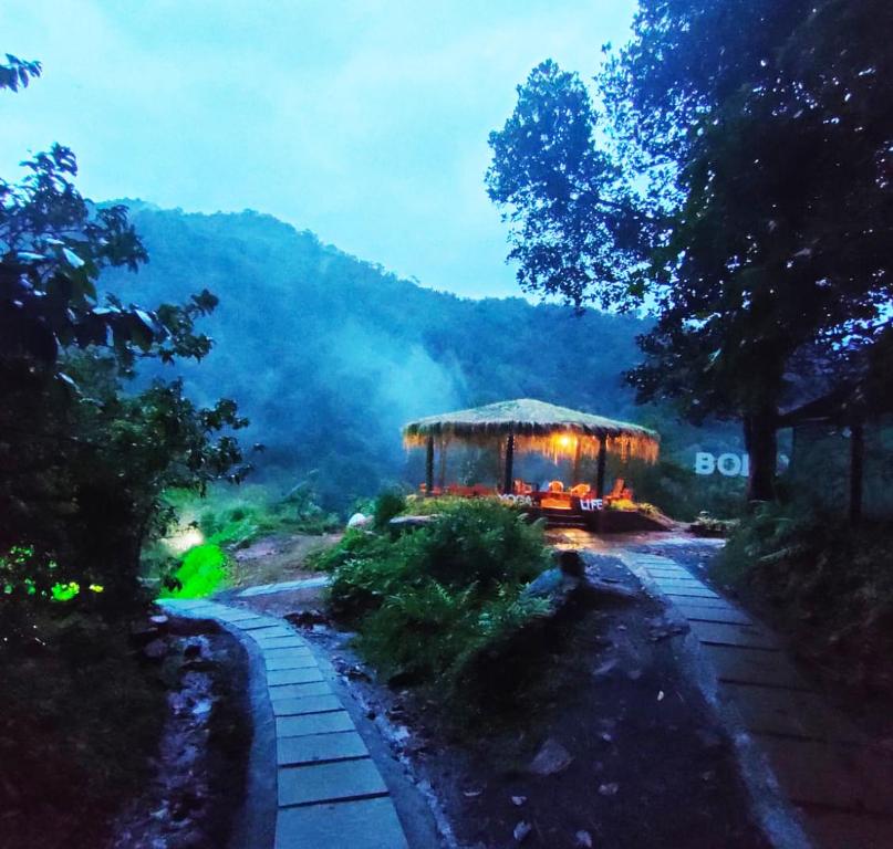 a garden with a gazebo with lights on it at Holistic Stay Eco-Resort & Ayurvedic Retreat in Paithalmala