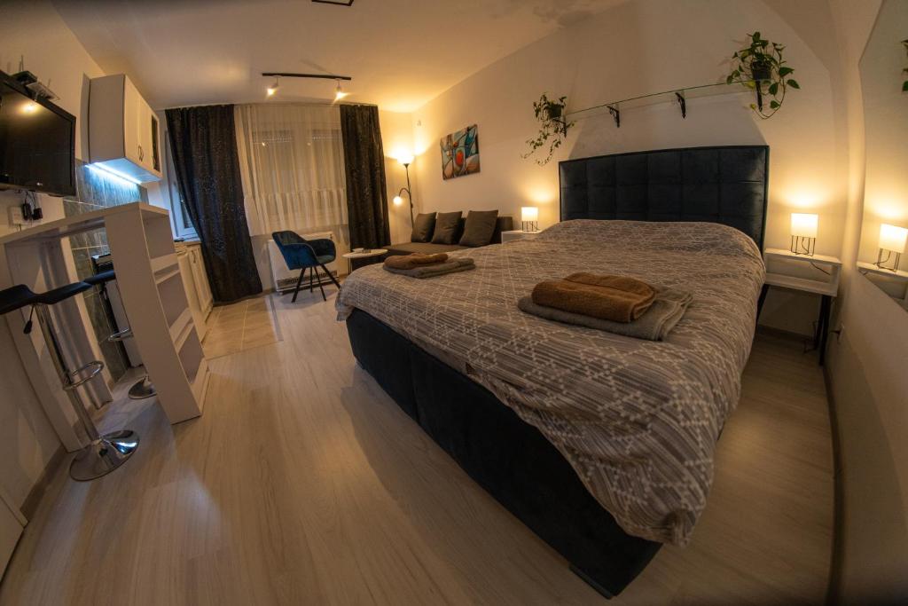 ein Schlafzimmer mit einem großen Bett und ein Wohnzimmer in der Unterkunft Stan na dan CENTRAL Uzice in Užice