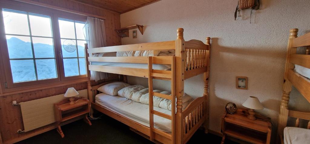 Ce dortoir comprend 2 lits superposés et une fenêtre. dans l'établissement Edelweiss 6, à Champoussin