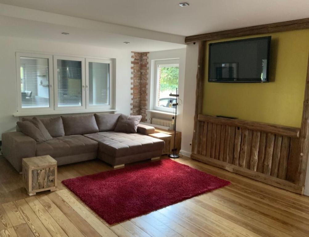 a living room with a couch and a flat screen tv at Hildas Idyllische Ferienwohnung in Gödenstorf