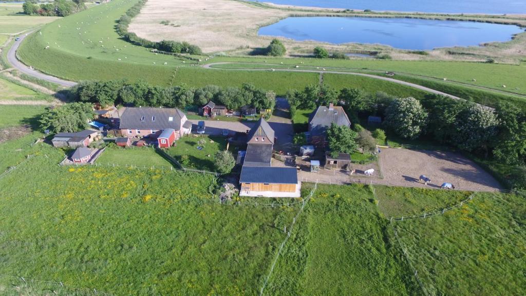 eine Luftansicht eines großen Hauses auf einem grünen Feld in der Unterkunft Ferienhof und Reittherapie Deichwind - Nordfriesland - 2 Häuser in Hattstedtermarsch