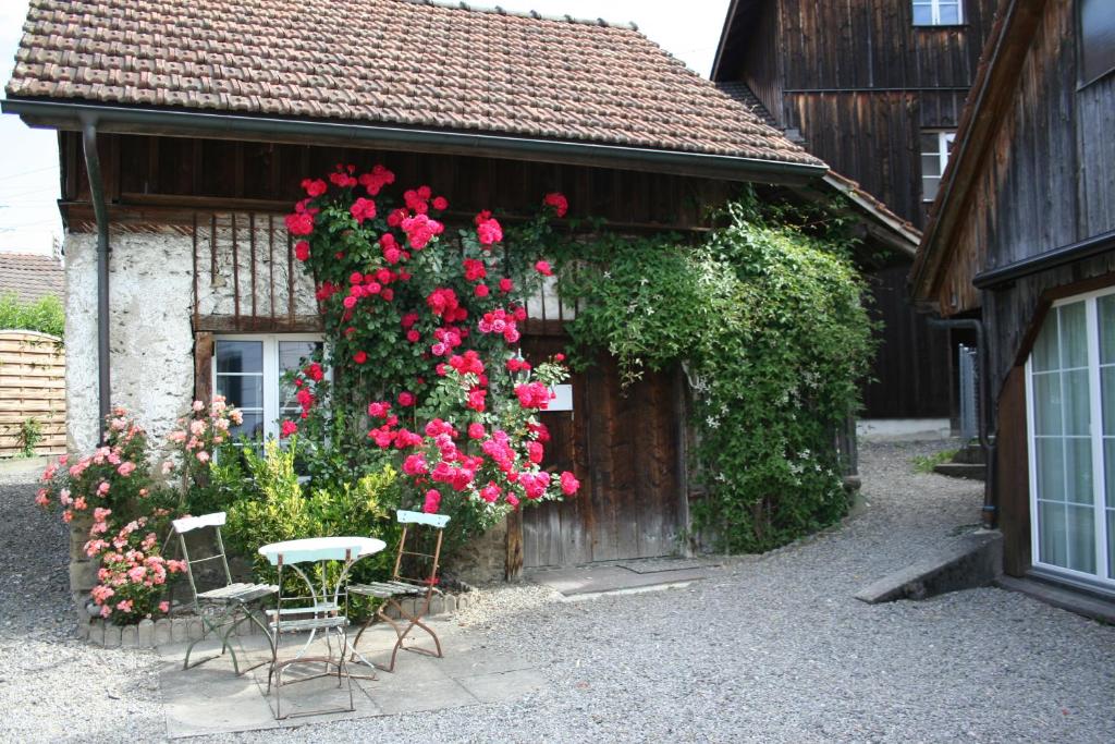 una casa con delle rose sul lato di Idyllisches Wöschhüsli a Knonau