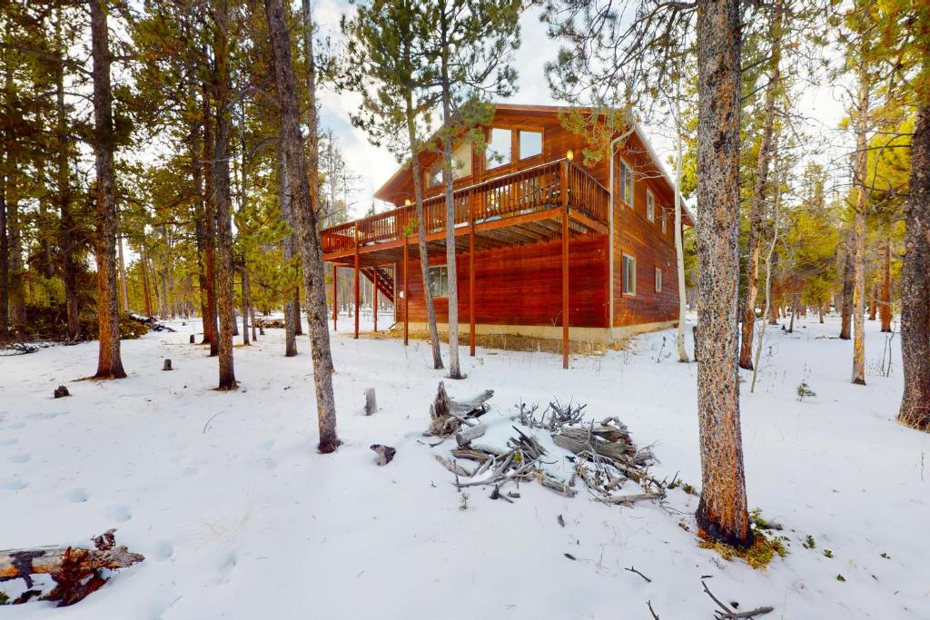 a wooden house in the woods in the snow at Lucky Bear's Lair in Fairplay