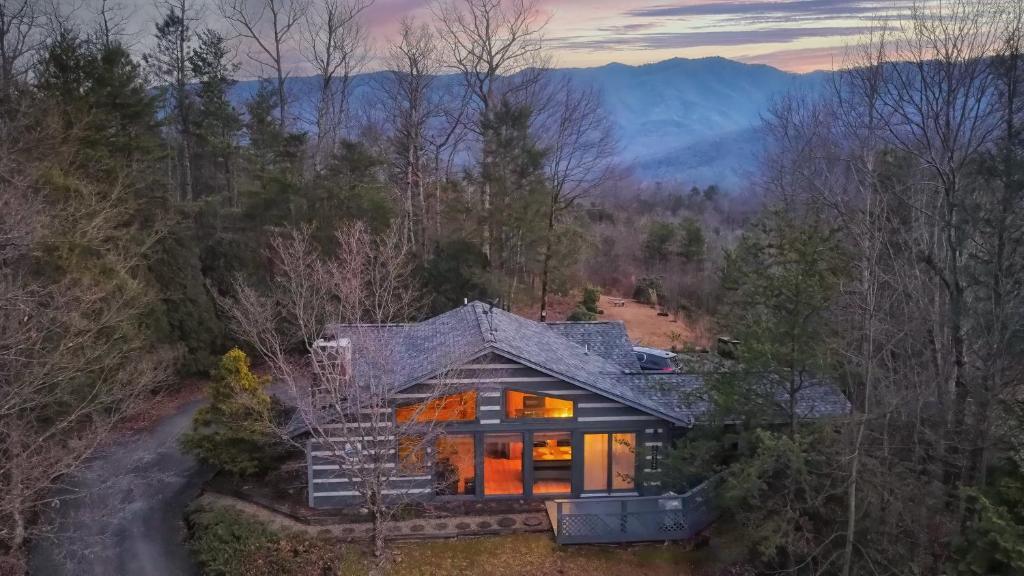 an overhead view of a house in the woods at Real Log Cabin With Amazing Views, Hot Tub, Sauna, Games in Gatlinburg