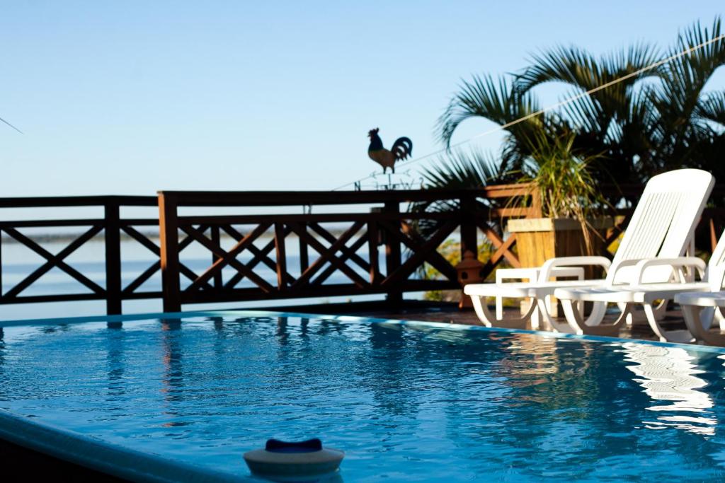 una piscina con sillas y un camello en el fondo en Venha curtir suas férias, com privacidade em Laguna-SC, en Laguna