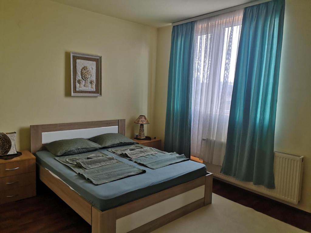 a bedroom with a bed and a window with blue curtains at Apartman Stanimirović in Zaječar