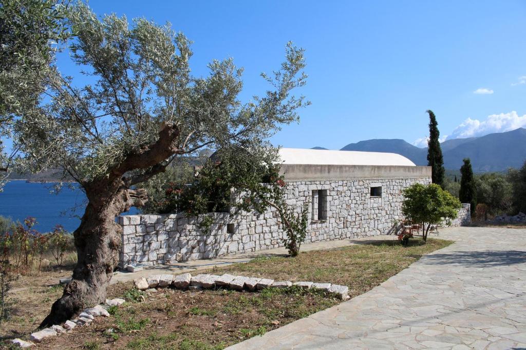 a building with a tree next to a stone wall at Ageranos in Vathi