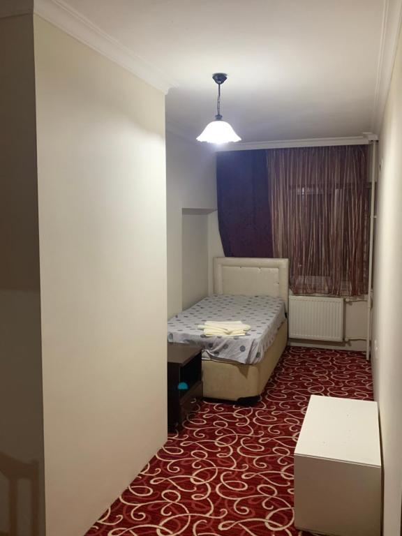 Habitación pequeña con cama y alfombra roja. en Ankara apart Hostel 1 en Altındağ