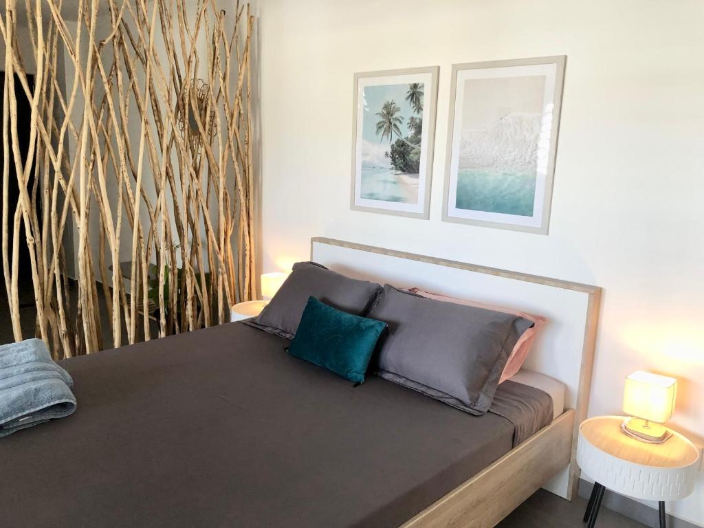 un letto con due cuscini sopra in una camera da letto di Studio Kooka nui - Private apartment a Papeete