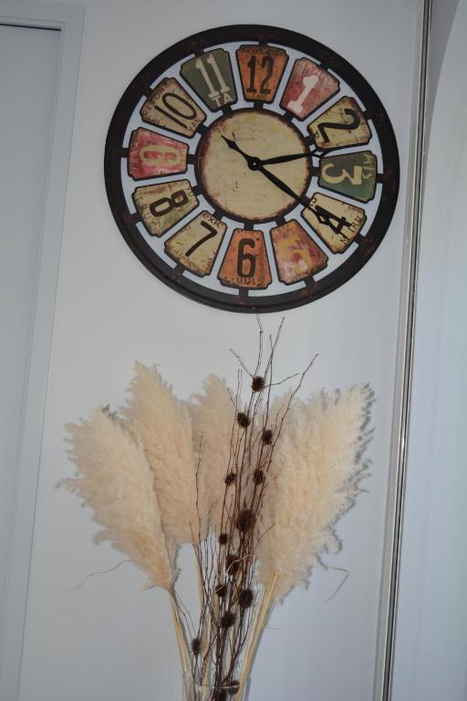a clock hanging on a wall with feathers in a vase at Hôtel Ulysse Montpellier Centre in Montpellier