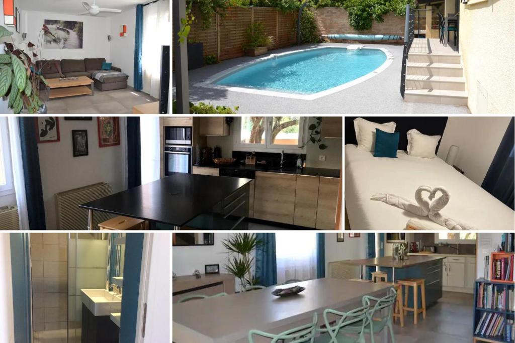 un collage de photos d'une cuisine et d'une piscine dans l'établissement Jolie Villa, Piscine, 10min centre ville, WIFI, à Montpellier