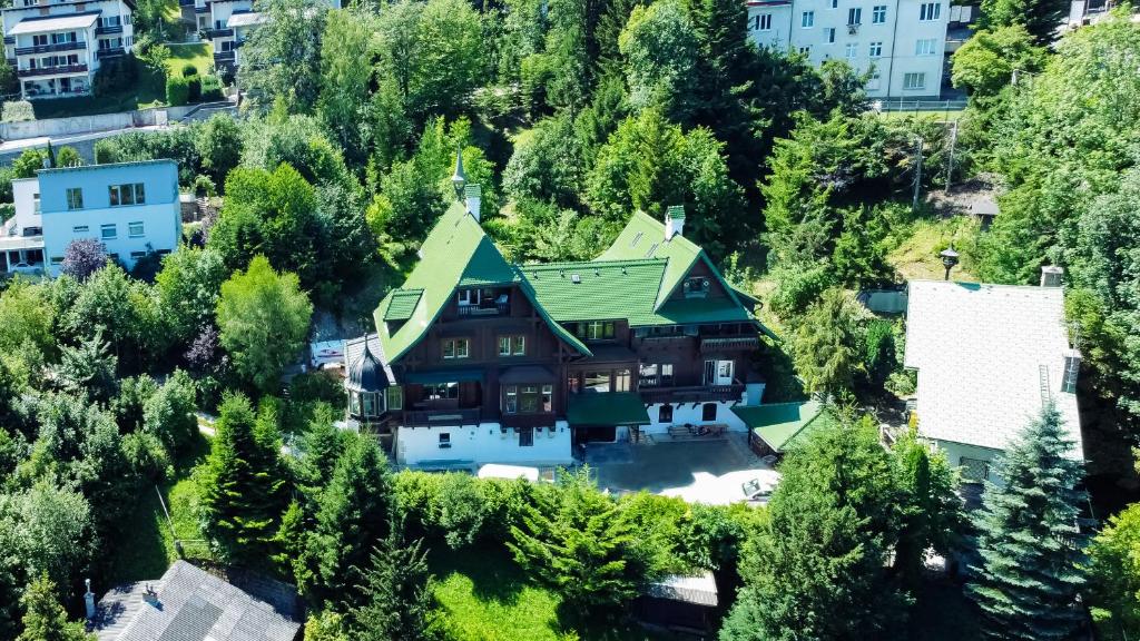 an aerial view of a house with a green roof at Villa Schönthaler in Semmering