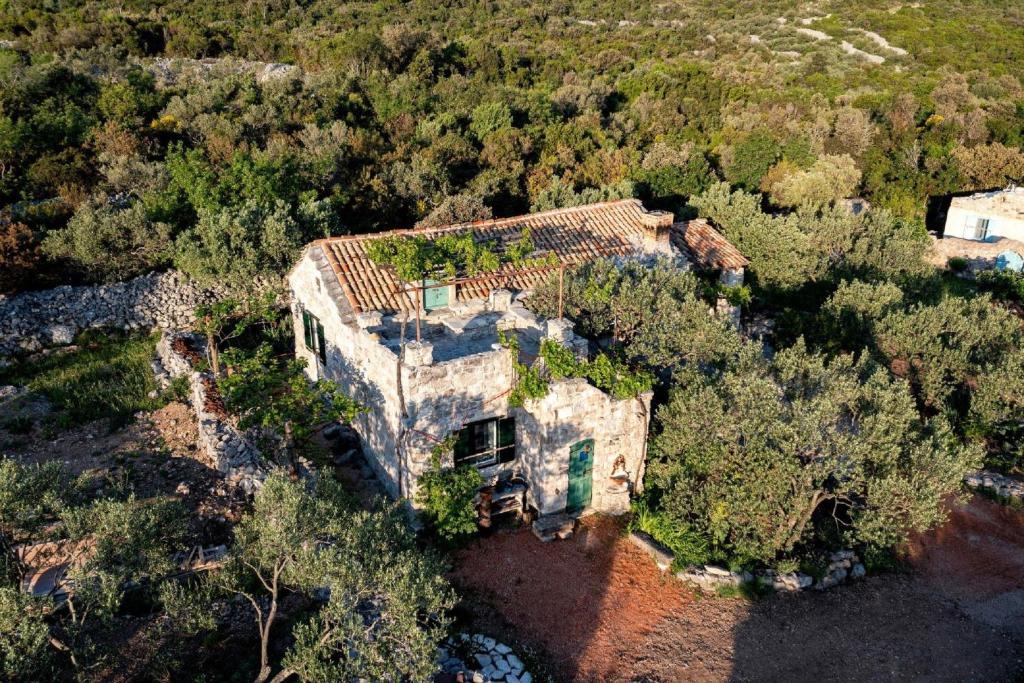 an aerial view of a house in the woods at Lavender Cottage in Trpanj