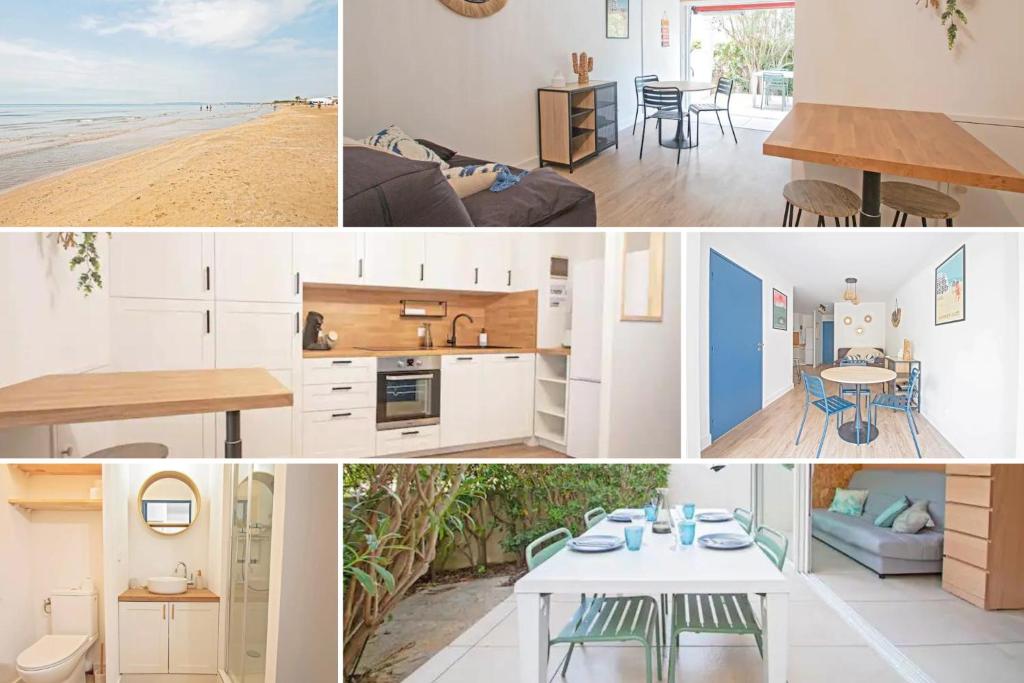 eine Collage mit Fotos einer Küche und einem Esszimmer in der Unterkunft Motte du Couchant, 6 personnes, 4 min de la plage, Parking, Climatisation in La Grande-Motte