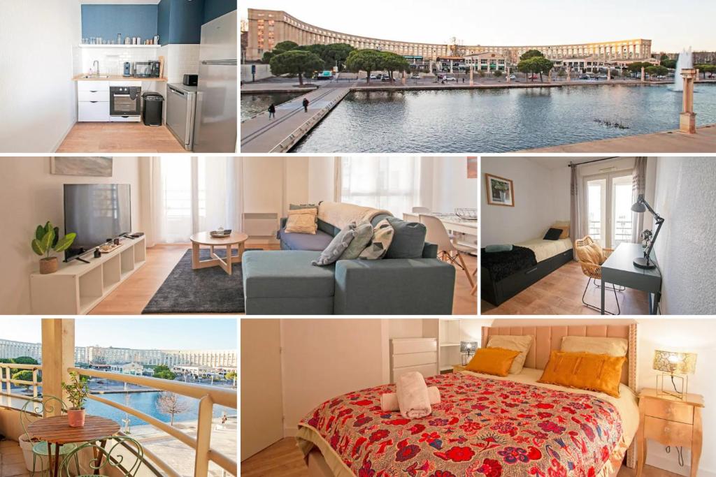 een collage van foto's van een woonkamer en een slaapkamer bij Appartement Cosy , Vue imprenable, Parking Privé in Montpellier